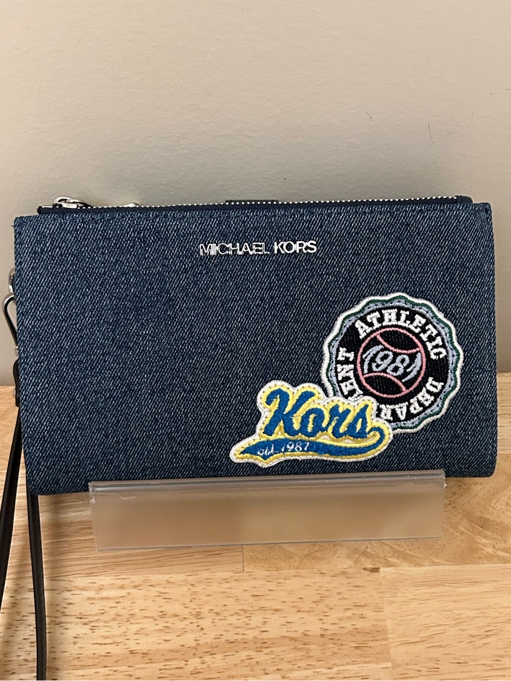 Michael Kors Denim Wristlet Clutch with Sport Patch Accents in Dark Blue